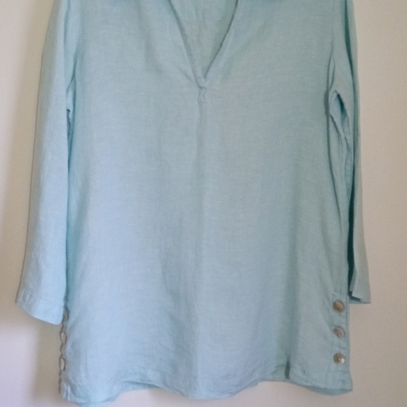 St Tropez West aqua blue collared vneck linen top women's size small - Picture 2 of 6